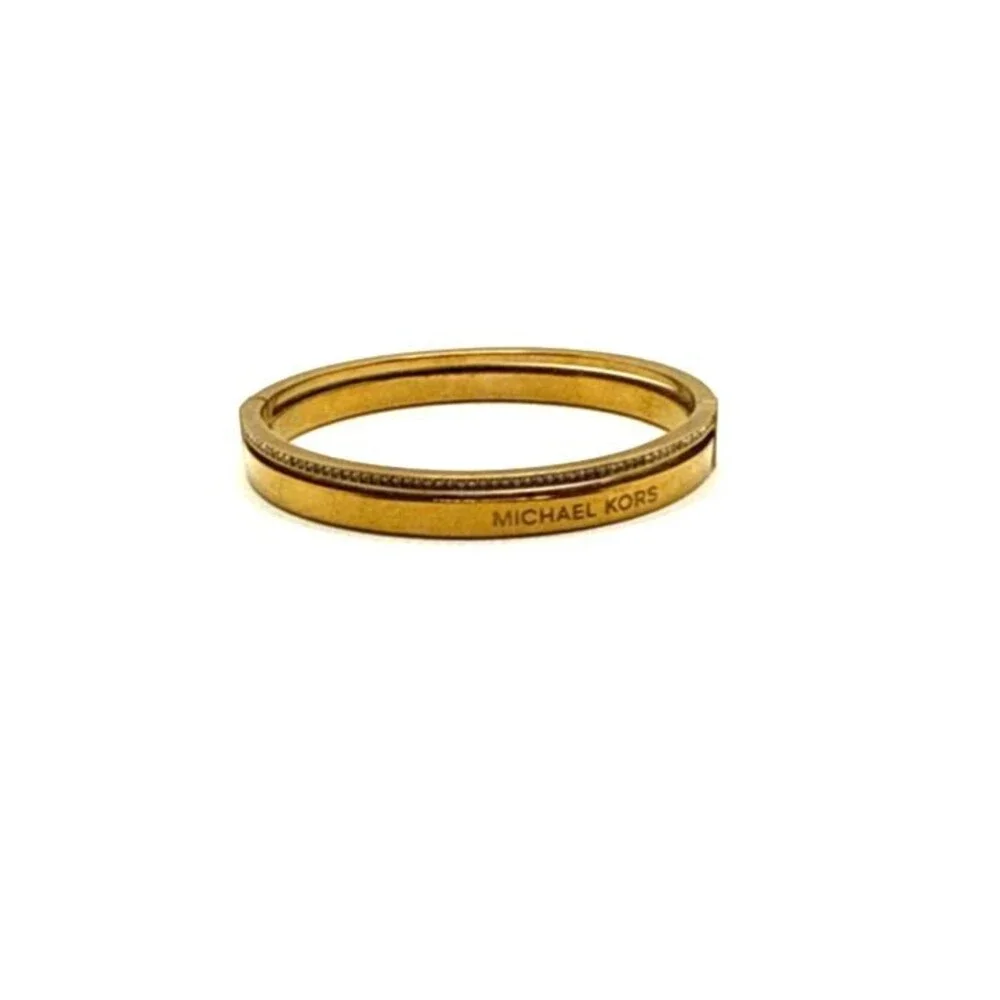 Michael Kors Gold Tone Crystal Rhinestone Bracelet Hinged Logo Bangle 7.5